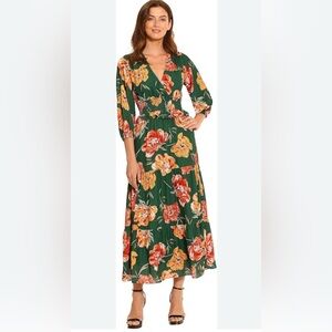 Maggy London 3/4 Sleeve Tiered Ruffled Floral Maxi Dress Sz 6 NWT Pine Green